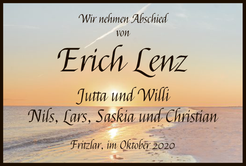  Traueranzeige für Erich Lenz vom 07.10.2020 aus HNA