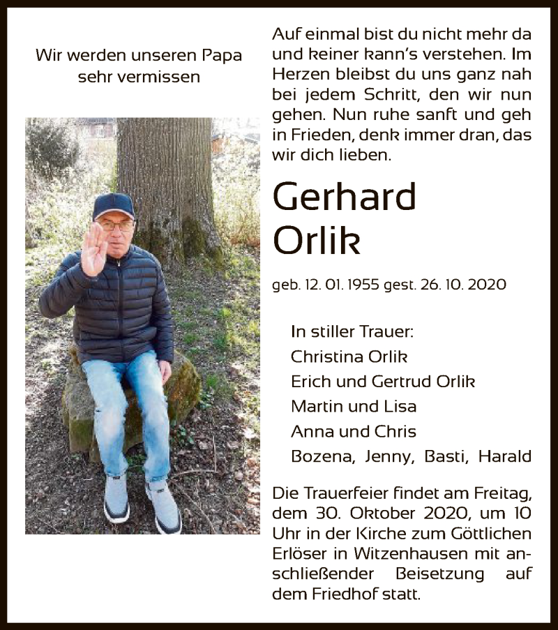  Traueranzeige für Gerhard Orlik vom 28.10.2020 aus HNA