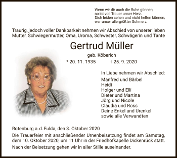 Traueranzeige von Gertrud Müller von HNA