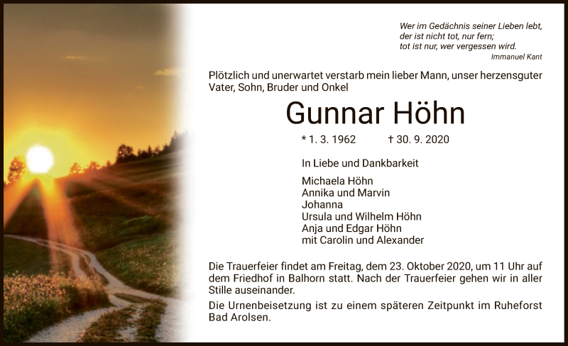  Traueranzeige für Gunnar Höhn vom 17.10.2020 aus HNA