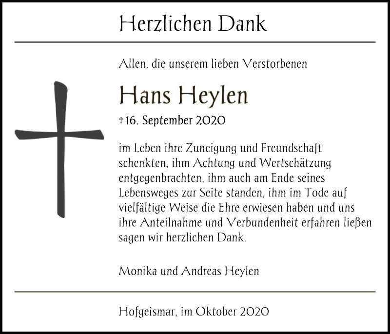  Traueranzeige für Hans Heylen vom 17.10.2020 aus HNA