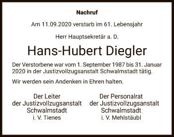 Traueranzeige von Hans-Hubert Diegler von HNA