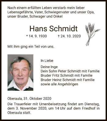 Traueranzeige von Hans Schmidt von HNA