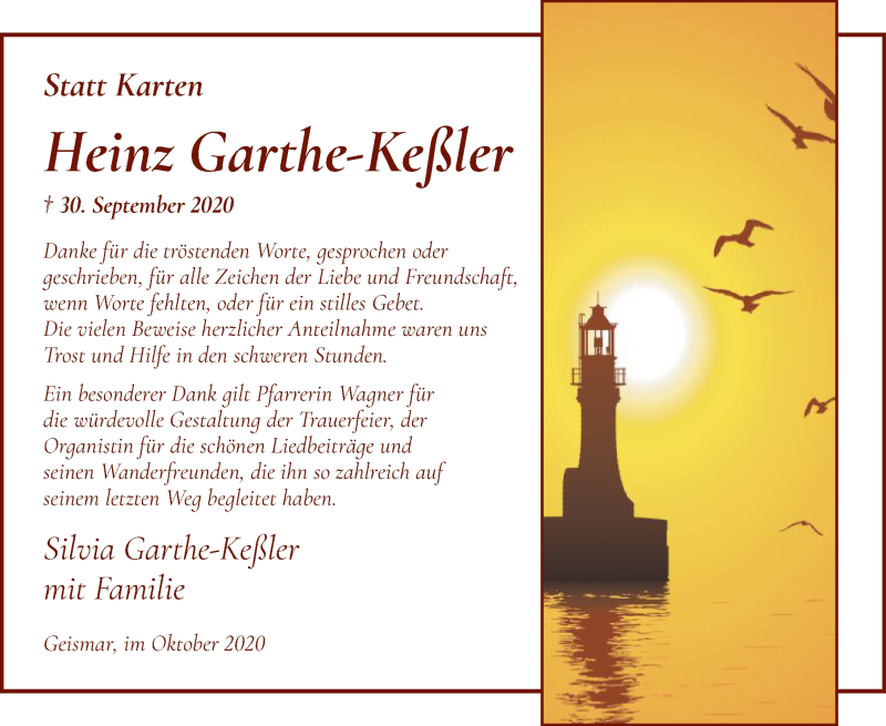  Traueranzeige für Heinz Garthe-Keßler vom 30.10.2020 aus HNA