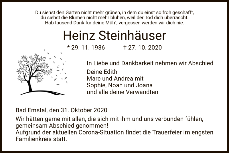  Traueranzeige für Heinz Steinhäuser vom 31.10.2020 aus HNA