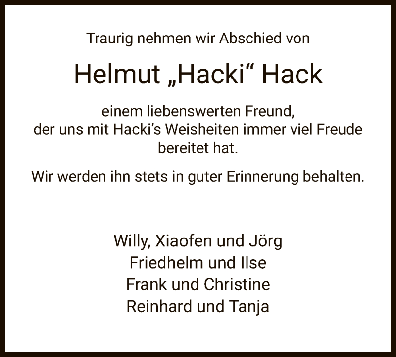  Traueranzeige für Helmut  Hack vom 24.10.2020 aus HNA