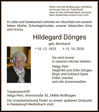 Traueranzeige von Hildegard Dönges von HNA