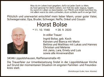 Traueranzeige von Horst Bolse von HNA