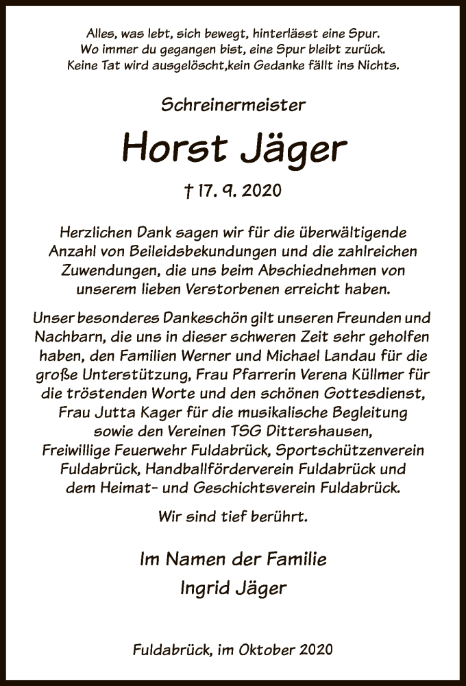  Traueranzeige für Horst Jäger vom 13.10.2020 aus HNA