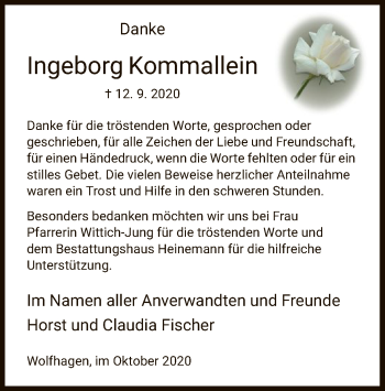 Traueranzeige von Ingeborg Kommallein von HNA