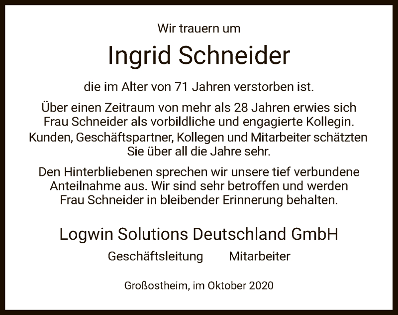 Traueranzeigen Von Ingrid Schneider Trauer Hna De