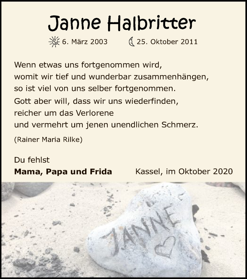  Traueranzeige für Janne Halbritter vom 24.10.2020 aus HNA