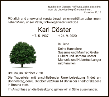 Traueranzeige von Karl Cöster von HNA