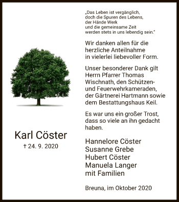 Traueranzeige von Karl Cöster von HNA