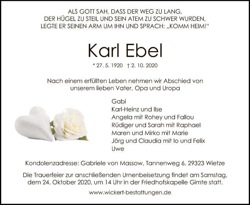  Traueranzeige für Karl Ebel vom 17.10.2020 aus HNA