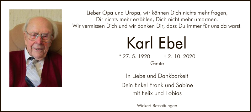  Traueranzeige für Karl Ebel vom 10.10.2020 aus HNA