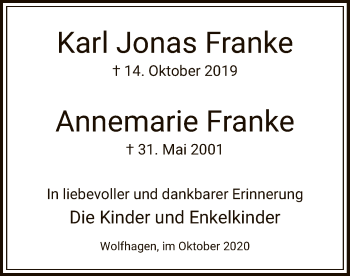 Traueranzeige von Karl Jonas und Annemarie Franke von HNA