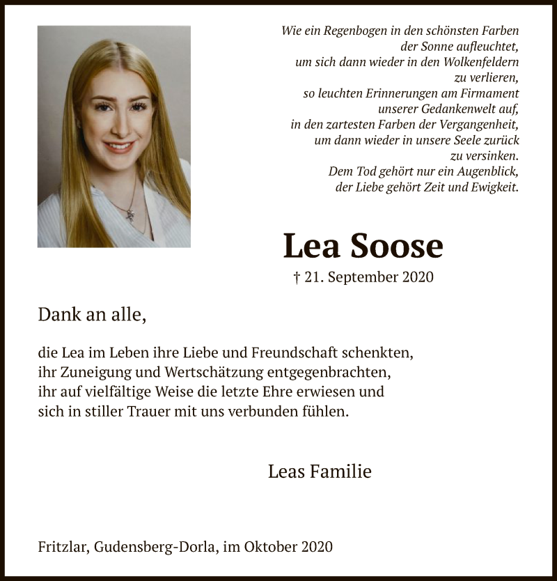  Traueranzeige für Lea Soose vom 17.10.2020 aus HNA