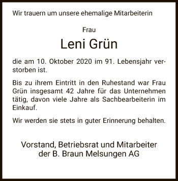 Traueranzeige von Leni Grün von HNA