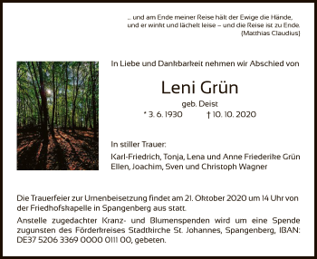 Traueranzeige von Leni Grün von HNA