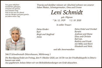 Traueranzeige von Leni Schmidt von HNA