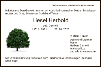 Traueranzeige von Liesel Herbold von HNA