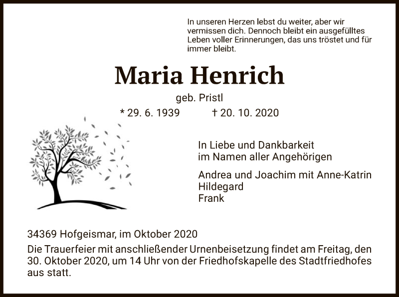  Traueranzeige für Maria Henrich vom 28.10.2020 aus HNA