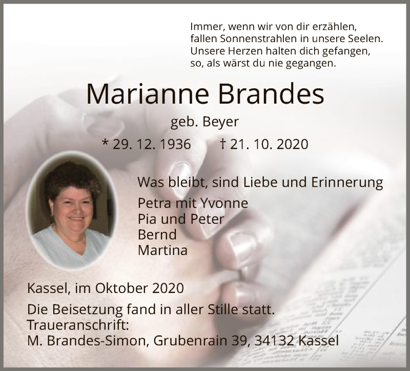  Traueranzeige für Marianne Brandes vom 31.10.2020 aus HNA