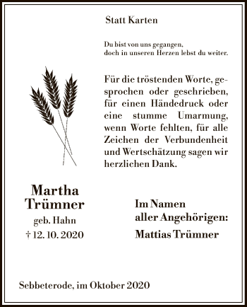 Traueranzeige von Martha Trümner von HNA