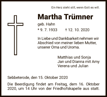 Traueranzeige von Martha Trümner von HNA