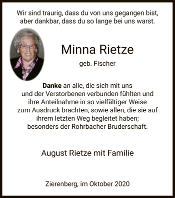 Traueranzeige von Minna Rietze von HNA