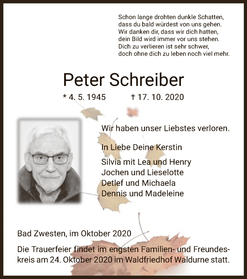  Traueranzeige für Peter Schreiber vom 21.10.2020 aus HNA