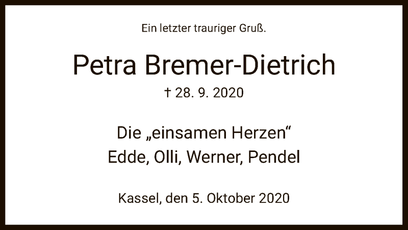  Traueranzeige für Petra Bremer-Dietrich vom 05.10.2020 aus HNA