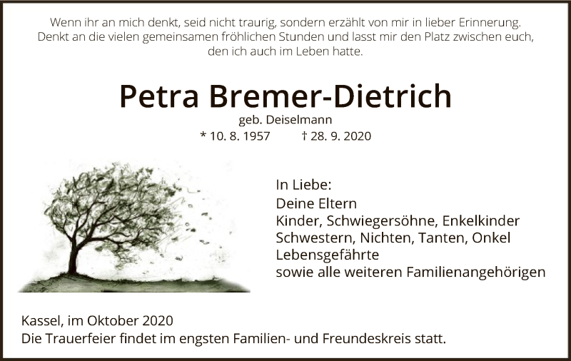  Traueranzeige für Petra Bremer-Dietrich vom 10.10.2020 aus HNA
