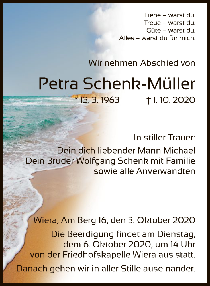  Traueranzeige für Petra Schenk-Müller vom 03.10.2020 aus HNA