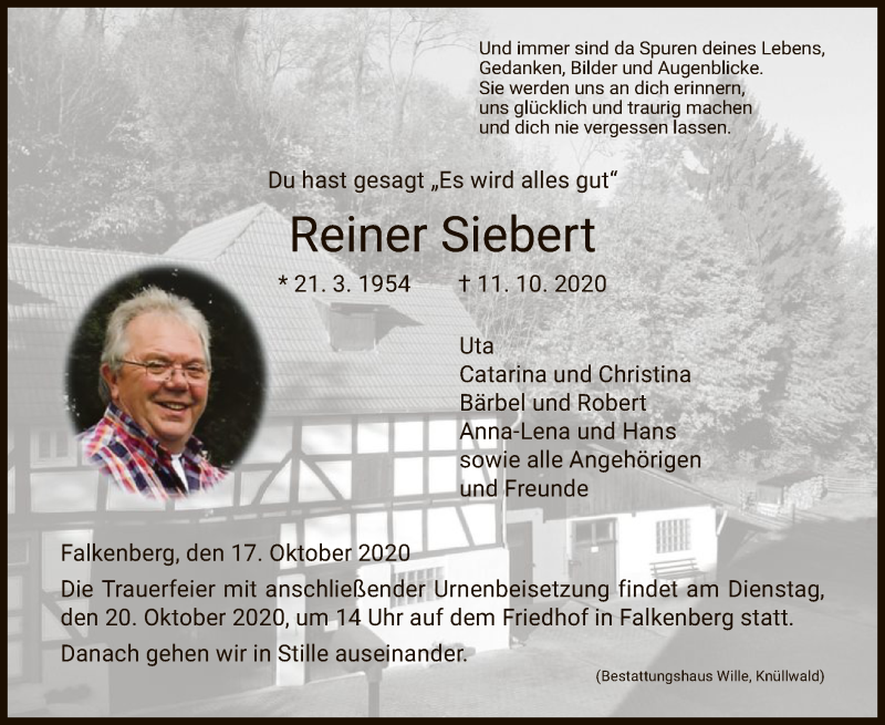  Traueranzeige für Reiner Siebert vom 17.10.2020 aus HNA