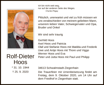 Traueranzeige von Rolf-Dieter Hoos von HNA