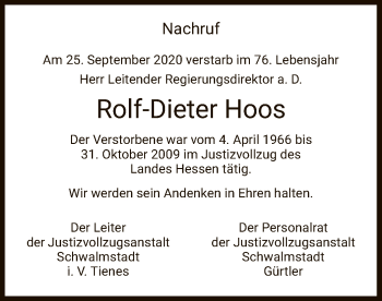 Traueranzeige von Rolf-Dieter Hoos von HNA