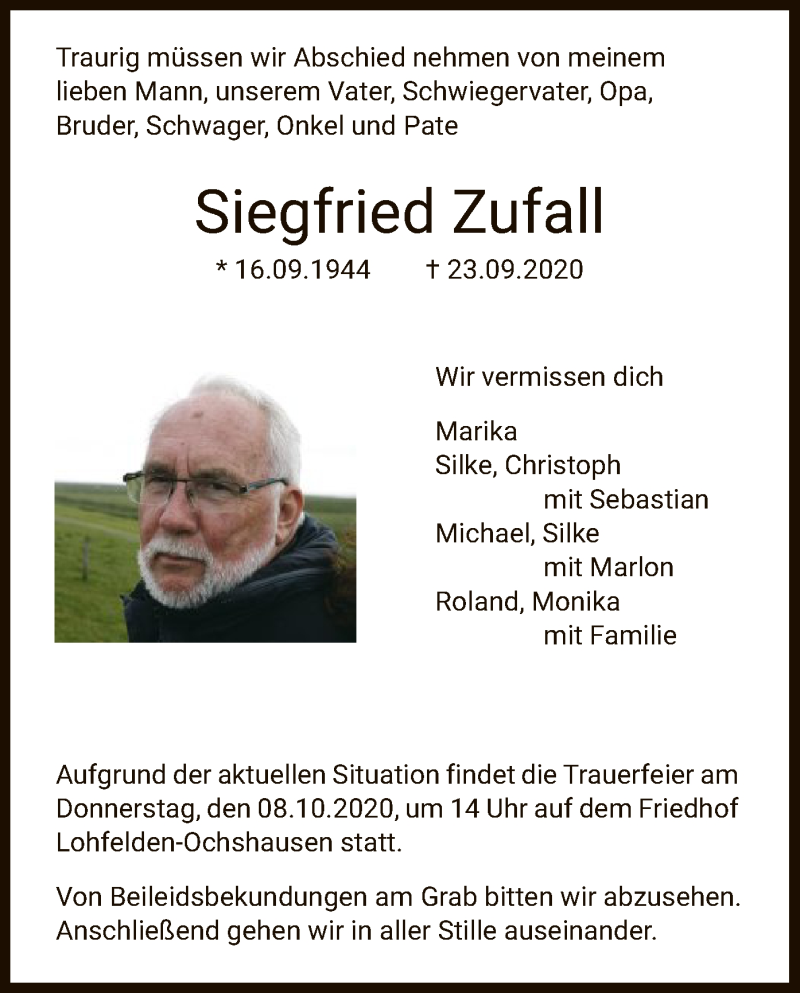  Traueranzeige für Siegfried Zufall vom 03.10.2020 aus HNA