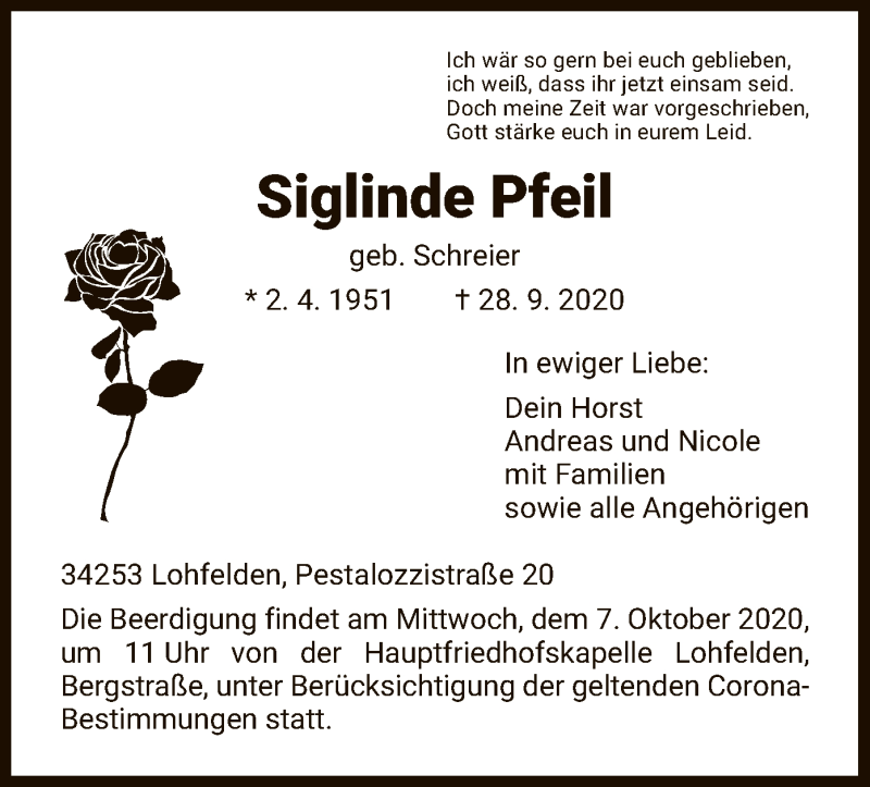  Traueranzeige für Siglinde Pfeil vom 03.10.2020 aus HNA