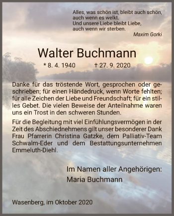 Traueranzeige von Walter Buchmann von HNA