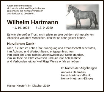 Traueranzeige von Wilhelm Hartmann von HNA