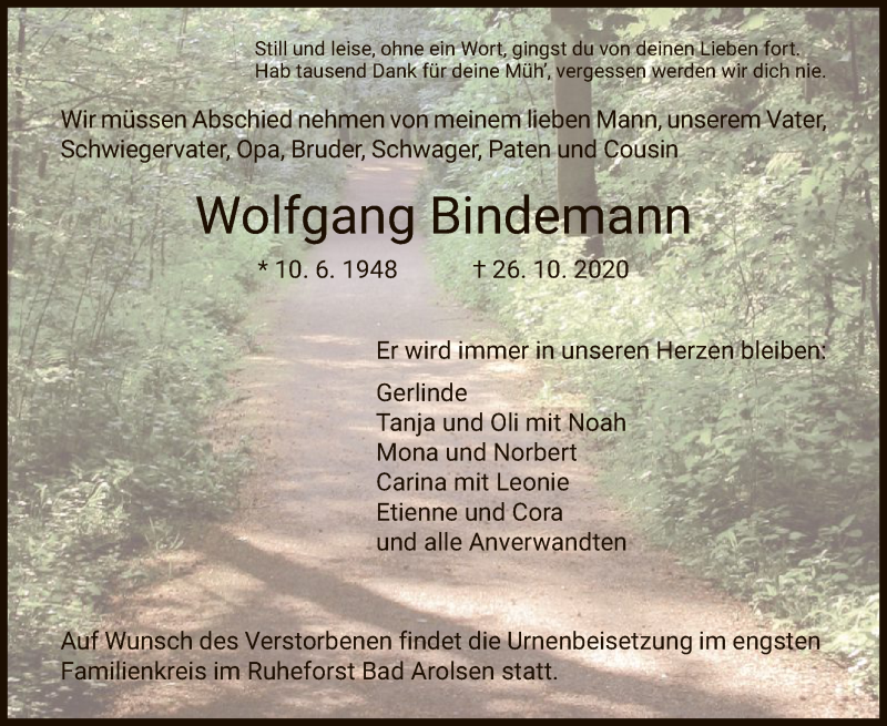  Traueranzeige für Wolfgang Bindemann vom 29.10.2020 aus HNA