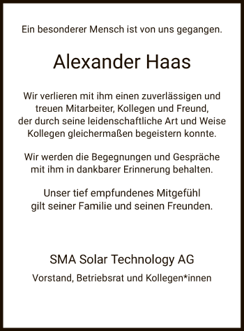 Traueranzeige von Alexander Haas von HNA