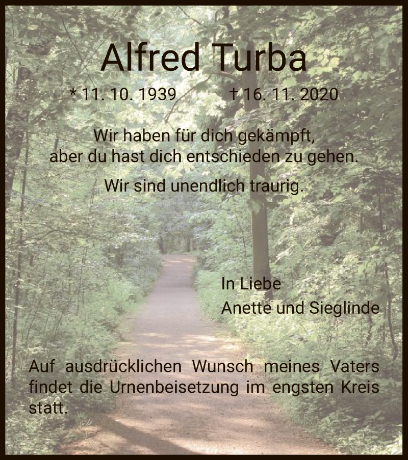  Traueranzeige für Alfred Turba vom 20.11.2020 aus HNA