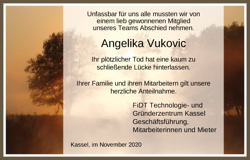  Traueranzeige für Angelika Vukovic vom 23.11.2020 aus HNA