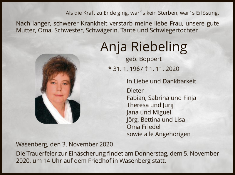  Traueranzeige für Anja Riebeling vom 03.11.2020 aus HNA