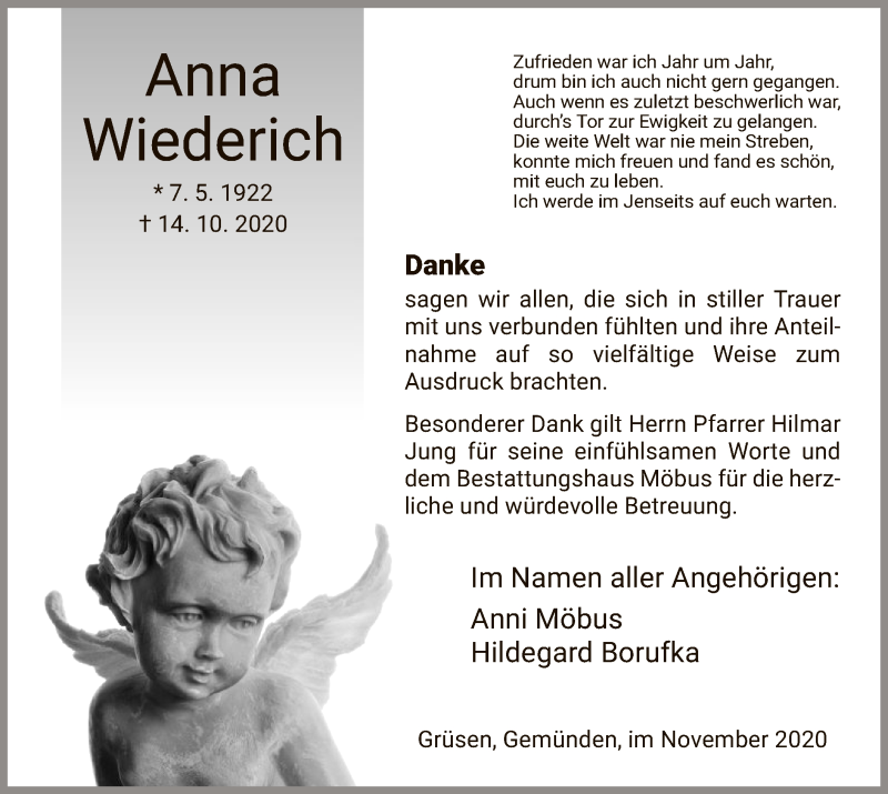  Traueranzeige für Anna Wiederich vom 28.11.2020 aus HNA