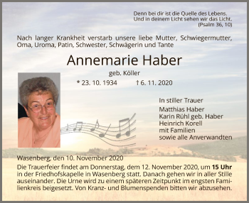 Traueranzeige von Annemarie Haber von HNA