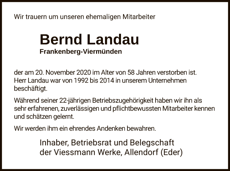  Traueranzeige für Bernd Landau vom 27.11.2020 aus HNA